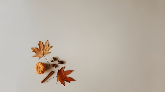 Vibrant autumn leaves and orange pumpkin arranged artfully on a smooth clean neutral beige background surface