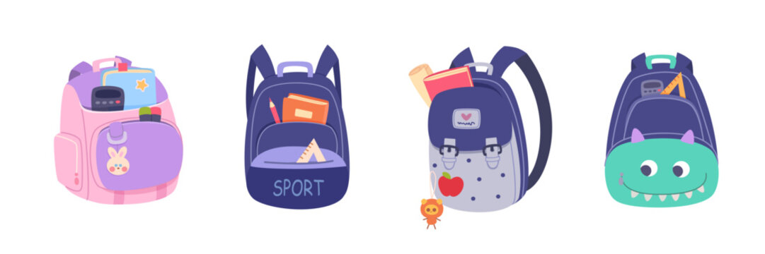School backpack with colorful books and stationery supplies for students. Children school backpacks vector illustration set. Back to school education concept. Vector illustrations set.