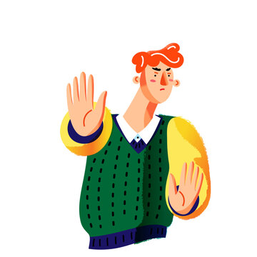 Emotion expression. Young man making stop gesture with raised palm, expressing clear refusal and serious disapproval through focused facial expression and decisive body language. Vector illustration.