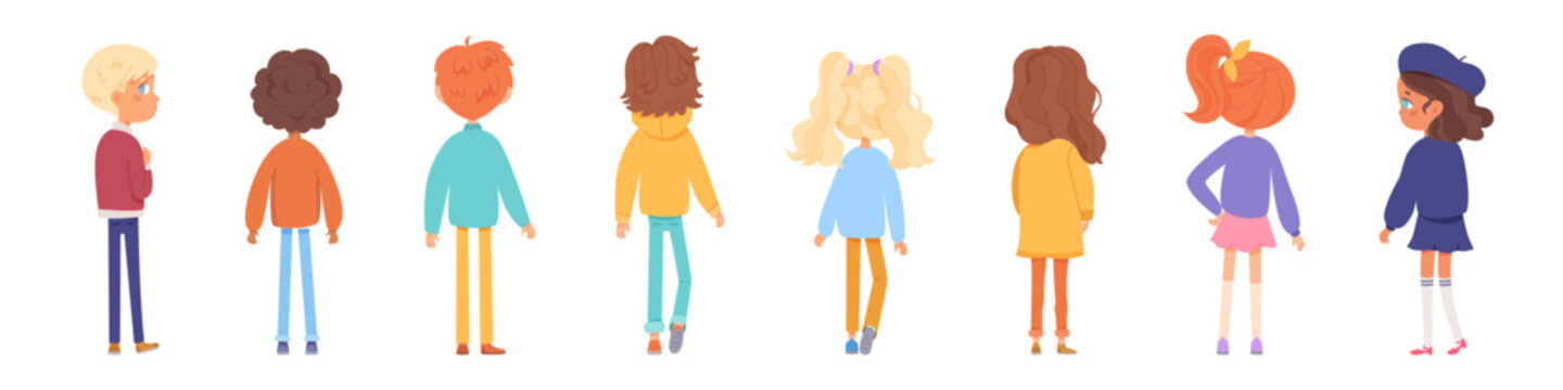 Back view of students heading to school. Cute adorable boy and girl characters. Cartoon vector illustrations set for educational, friendship themes and study materials.