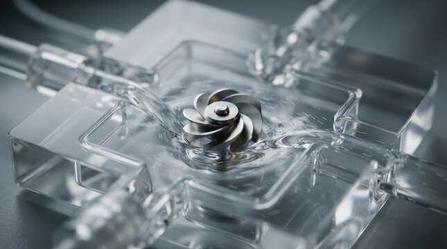 Metal pump impeller part for industrial machine engine assembly in a factory workshop setting