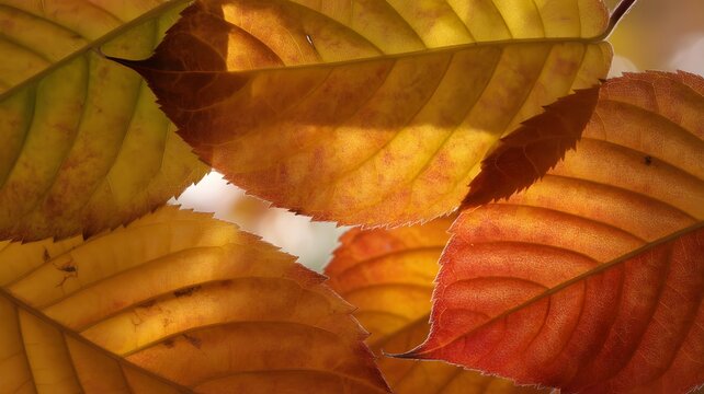 Vibrant autumn leaves showing intricate veins and golden sunlight textures captured in a macro botanical photograph