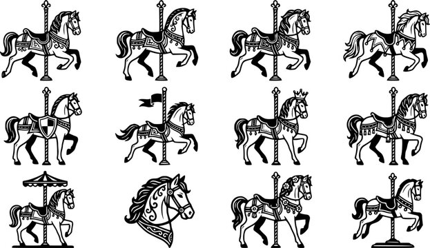 Carousel horse amusement park merry go round vector icon set
