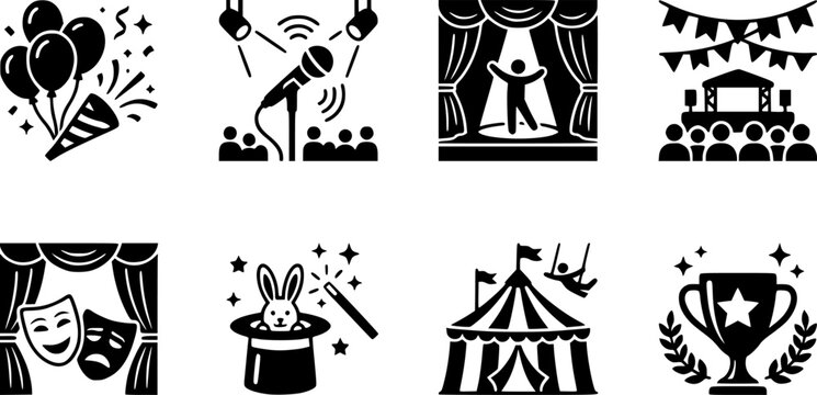 Party event show festival theater magic circus award icon set

