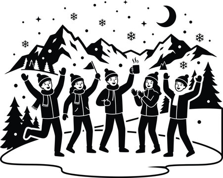 Group of people celebrating outdoors against a snowy mountain range black vector illustration alpine