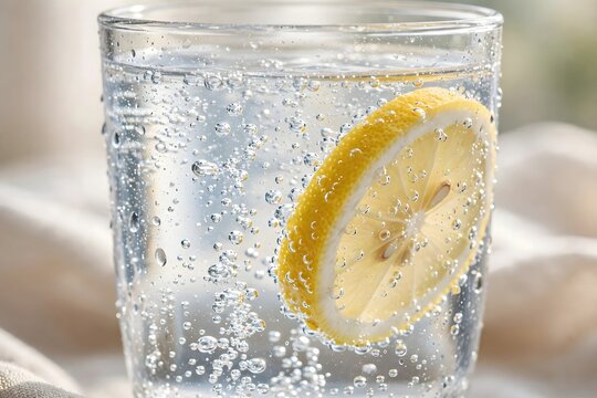 Natural Refreshing Glass With Lemon Slice And Bubbles