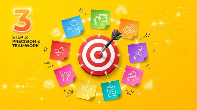 Business goal achievement concept, target with dart and colorful sticky notes, step 3 precision and teamwork infographic