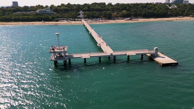 Aerial Close-Up of Burgas Sea Pier, T-Shaped Bridge, and Coast, Bulgaria