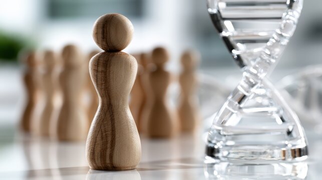 Wooden human figure standing prominently beside a transparent dna double helix model with a blurred group of similar figures in the background symbolizing genet