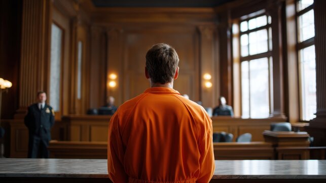 Man in an orange jumpsuit standing in a courtroom facing the judge and guards during a legal proceeding in a traditional wood-paneled room with natural light