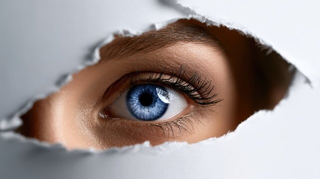 Woman's vibrant blue eye peering through torn white paper with detailed eyelashes and smooth skin showing curiosity and intrigue in a creative concept image