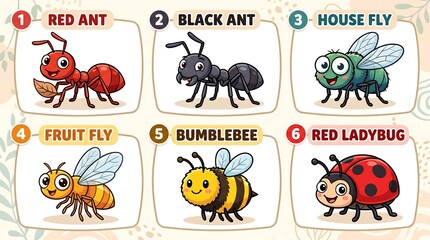 Obraz premium Cartoon insect collection with 6 labeled bugs, cute educational bug set featuring ants, flies, bumblebee, and ladybug for kids learning