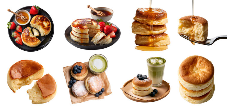 Set of fluffy jiggly souffl&eacute; souffle pancakes treats pastry, plate with strawberry and honey maple, fork, parchment paper with match latte and blueberries, slice stack, transparent cutout PNG mockup