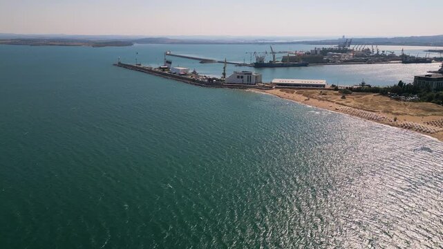 Aerial View of Port of Burgas, Breakwater, Lighthouse, and Sea Coast