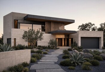 Fototapeta premium Modern Luxury Villa Exterior Stone Wood Landscaping Desert Architecture