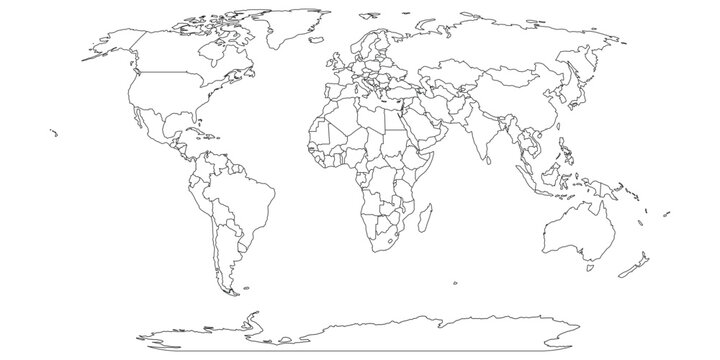 Blank political world map outline with country borders and Antarctica. Linear vector illustration on transparent background.