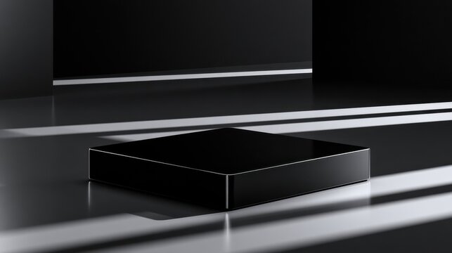 Sleek black rectangular platform on reflective dark surface with dramatic light beams and shadows creating a minimalist modern background scene