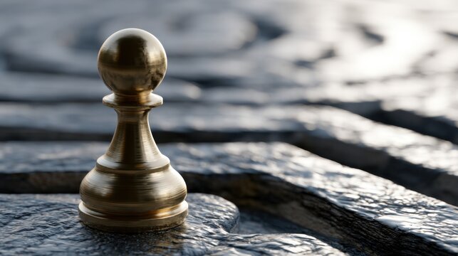 Close-up of a golden chess pawn standing on a textured, weathered wooden surface symbolizing strategy, leadership, and decision-making in competitive environments