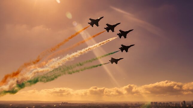 Fighter jets in formation releasing tricolor smoke trails across a golden sunset sky during the Indian Republic Day military air show celebration over the city