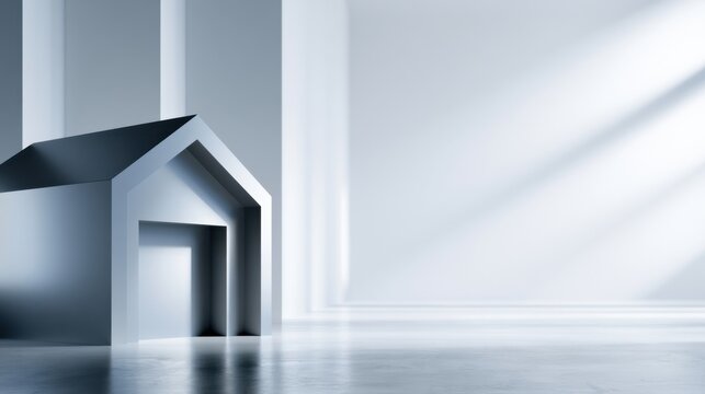 Minimalistic modern small house model casting soft shadows in bright, spacious room with sunbeams on smooth polished floor and walls