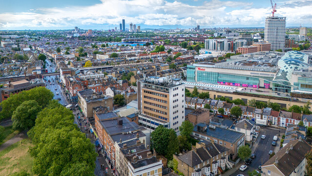 London UK, May 13,. 2026 : Westfield London - shopping mall (the largest in Europe) - aerial view -  the  famous town housees rows