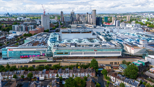 London UK, May 13,. 2026 : Westfield London - shopping mall (the largest in Europe) - aerial view -  the  famous town housees rows