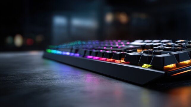 Low angle view of a modern mechanical keyboard illuminated with vibrant rainbow led backlighting on a dark reflective surface in a dimly lit room environment