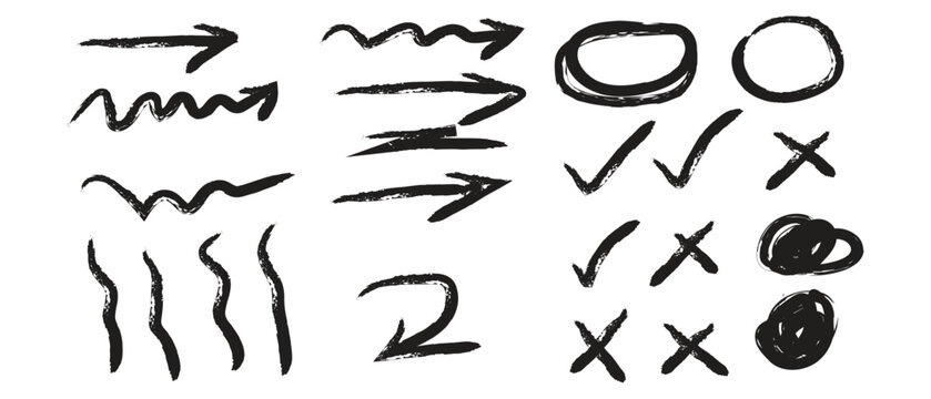 Hand Drawn Arrows, Lines, Check Marks and Cross Symbols Set