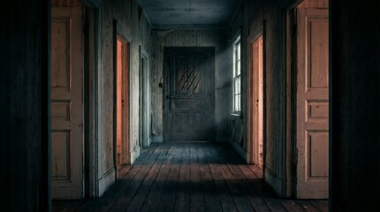 Fototapeta premium Dark abandoned hallway with monster claw marks on locked wooden door, spooky haunted house corridor illuminated by eerie window light for thriller backgrounds and book covers