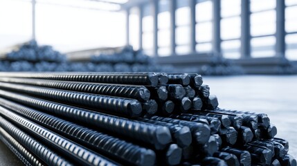 Fototapeta premium Stacked black steel rods neatly arranged inside an industrial warehouse with bright natural lighting and spacious interior environment
