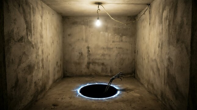 Creepy skeletal hand emerging from a glowing dark portal on the floor of an abandoned concrete room under a single lightbulb, eerie horror and thriller concept