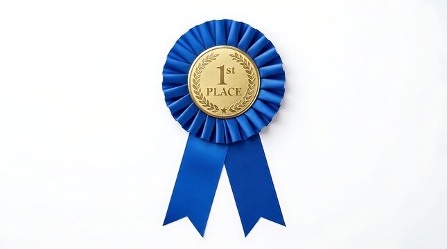 Blue first place prize rosette ribbon award for competition winner on white background