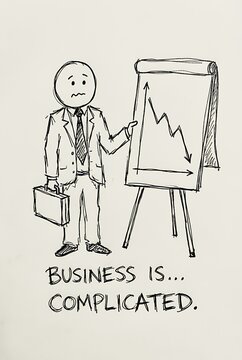 Financial crisis and business failure concept with hand drawn worried businessman presenting a declining profit graph on a flip chart, minimalist sketch illustration