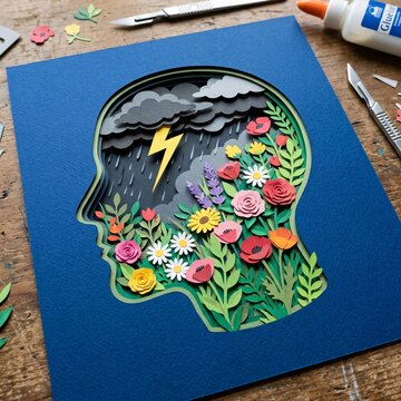 Paper cutout art depicting human head profile with storm clouds lightning flowers
