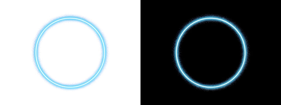 A glowing circular frame with scattered particles is presented on transparent background circle glow particle illumination radiance light neon azure cyan sparkle