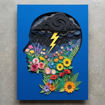 Multi-layered paper art silhouette of human head with rainstorm and blooming garden