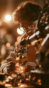 Jeweler or technician working with a microscope in warm light