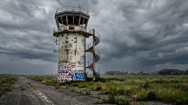 Abandoned old airport control tower with spiral staircase covered in graffiti on cloudy day with stormy sky in rural airfield landscape representing forgotten history and urban decay themes