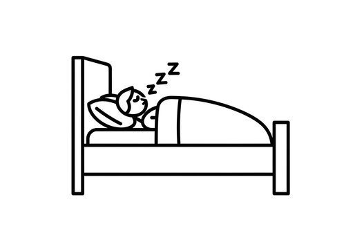 Simple line icon of a person sleeping soundly in a bed with zzz letters