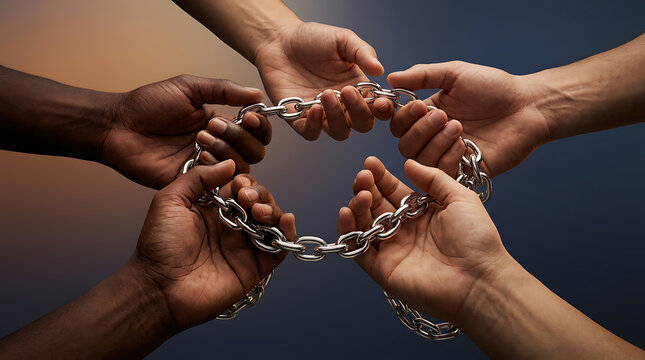 Diverse hands holding a metal chain in a circle representing unity and global connection