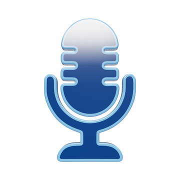 3D glossy blue microphone icon representing audio recording, podcasting, broadcasting, voice communication, and sound technology on a dark background isolated on a transparent background