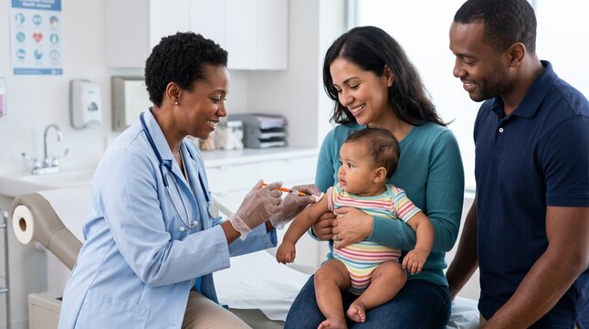 A pediatrician gives a vaccination shot to a baby while parents watch in a clinic.