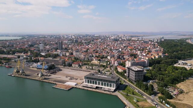 Aerial View of Burgas Port Terminal, Sea Garden, and City Skyline, Bulgaria