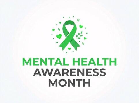 Mental health awareness month greeting card design with green ribbon and typography