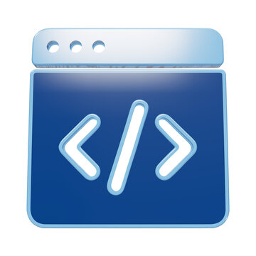 Glossy 3D blue code window icon featuring programming brackets symbol isolated on a plain , for web development concepts isolated on a transparent background