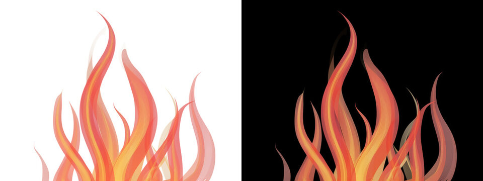 Stylized flame shapes in shades of orange and yellow are displayed on transparent background flames fire ember heat burning inferno ignition combustion