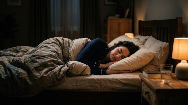Woman peacefully sleeping in a cozy bed at night with a bedside lamp casting a warm glow