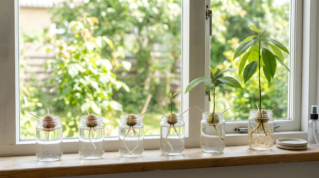 Progressive stages of avocado seeds sprouting in glass jars on a windowsill. Plant growth and propagation concept from pit to seedling