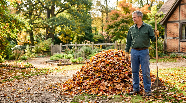 Smiling middle aged man standing with a rake next to a pile of autumn leaves. Happy gardener finishing yardwork