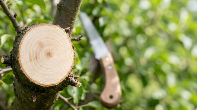 Close up of a freshly cut tree branch showing wood rings. Pruning a fruit tree with a hand saw in the blurred background